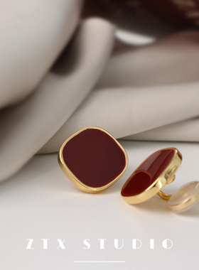ZTX 复古港风耳夹无耳洞女简约气质法式酒红色耳饰百搭蚊香盘耳钉
