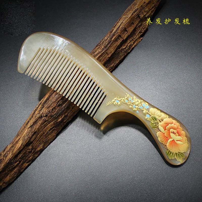 天然羊角漆绘梳高档精品手绘漆艺梳加厚款手柄梳子家用防静电梳子