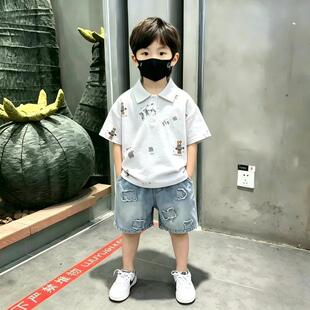 儿童polo衫男女同款夏季新款帅气男宝牛仔短裤儿童短袖儿童T恤