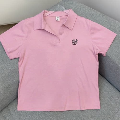 Polo领t恤刺绣弹力女短袖ins潮秋装y新款休闲有领翻领上衣体恤V领