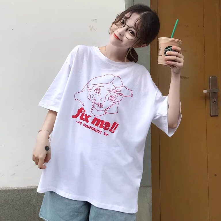 短袖t恤女夏季新款ins韩版学生大码慵懒bf卡通印花显瘦百搭上衣潮