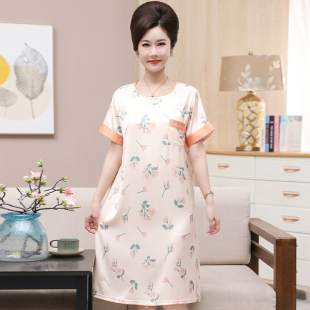 中老年冰丝睡裙女款妈妈夏季可外穿家居服中长款连衣裙子休闲韩版