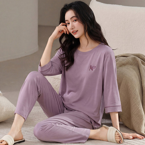 睡衣女春秋纯棉七分袖长裤家居服