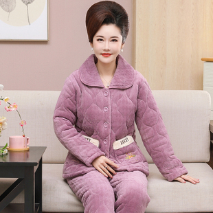 睡衣女冬季加厚夹棉袄珊瑚绒中年妈妈婆婆家居服套装保暖冬天女款