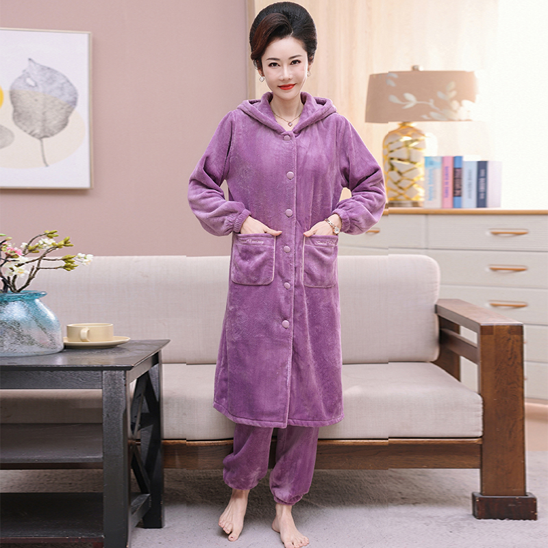 睡袍女秋冬珊瑚绒加厚中长款套装