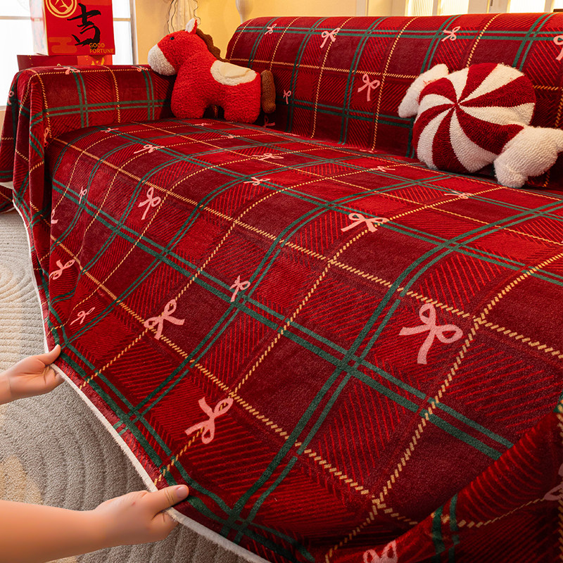暖红格礼红色格子沙发套防滑四季通用蝴蝶结图案防猫抓沙发盖布,居家布艺,沙发套,淘宝优惠券,粉丝福利购,淘宝优惠卷