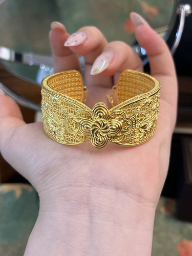 足金黄金大面宽荷花花丝手镯送女友礼物