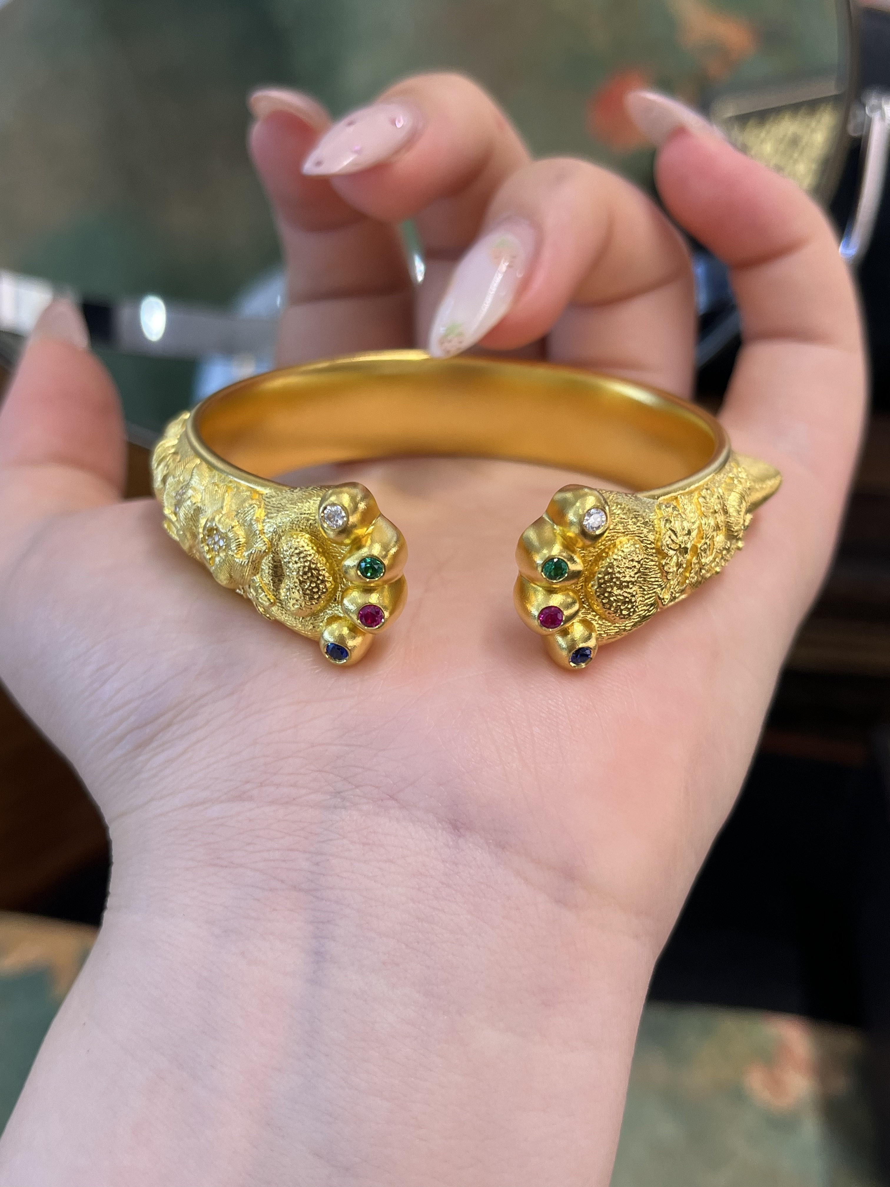 足金黄金开口猫爪镶嵌手镯送女友礼物