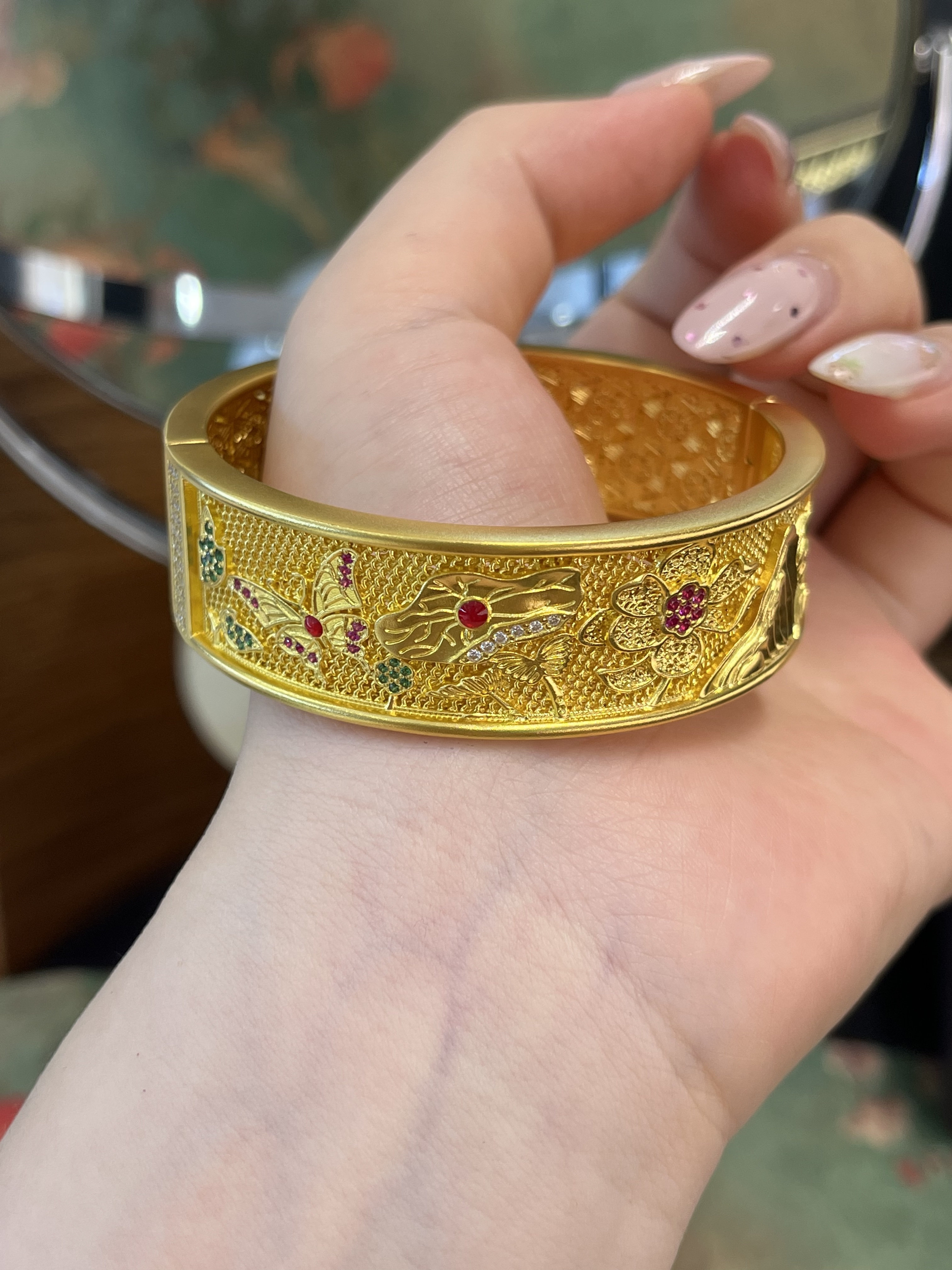 足金黄金开口花鸟鱼花丝手镯送女友礼物