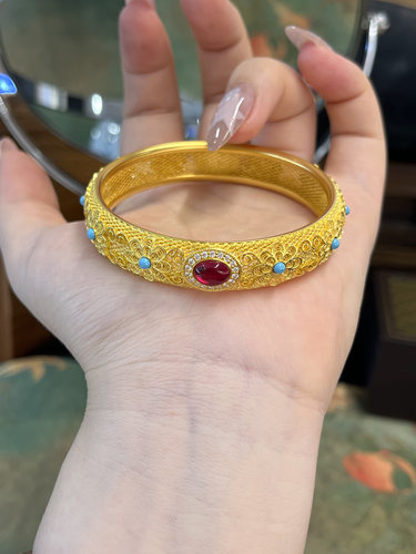 足金黄金珐琅花丝镶嵌手镯送女友礼物