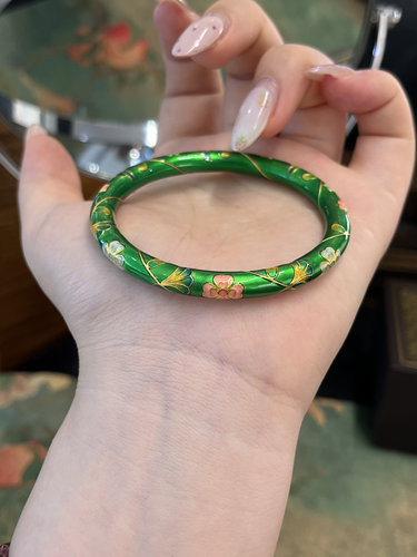 足金黄金绿色花草珐琅手镯送女友礼物