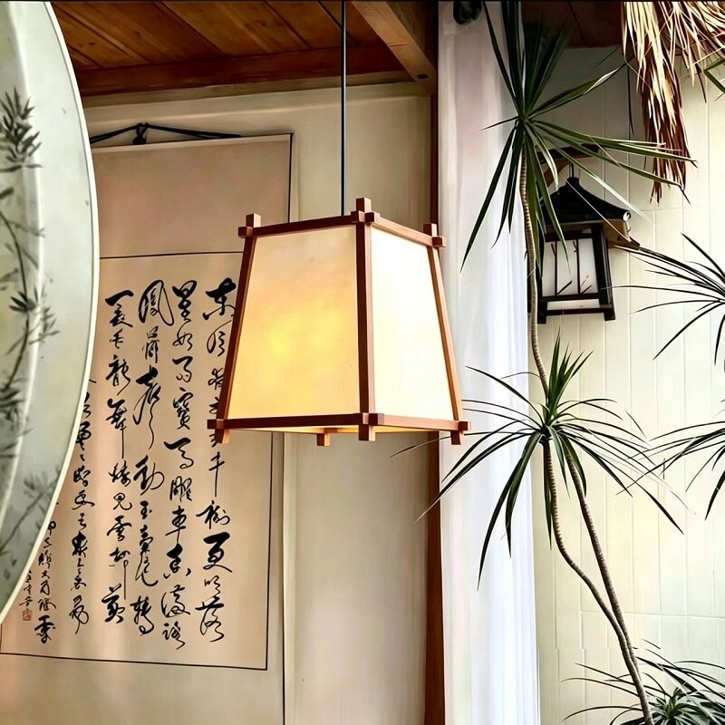 侘寂风木艺简约方形灯日式小吊灯卡座吧台过道灯定制LOGO广告灯笼