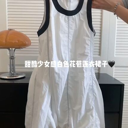 背心连衣裙褶皱休闲工装撞色a字花苞宽松小个子孕妇无袖短裙子