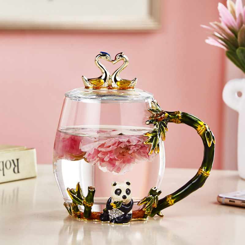 熊猫花茶杯耐高温玻璃杯