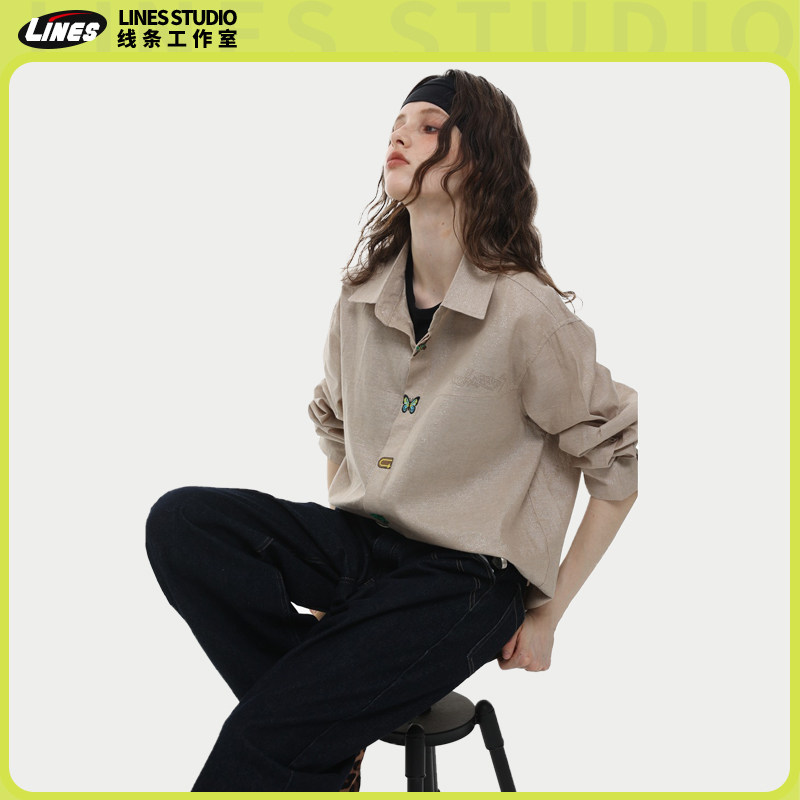 Lines 美式复古男款春秋慵懒感外套宽松休闲情侣长袖刺绣印花衬衫