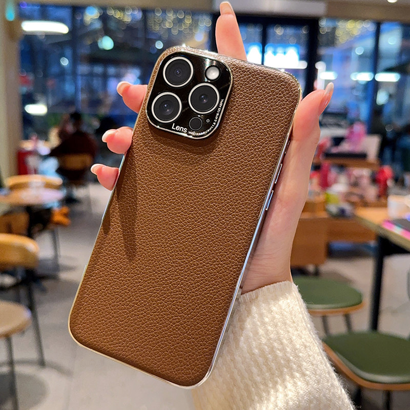适用苹果16pro手机壳新款iPhone15promax荔枝皮纹16plus电镀高档皮质15Pro简约商务男5g全包防摔保护套素皮女