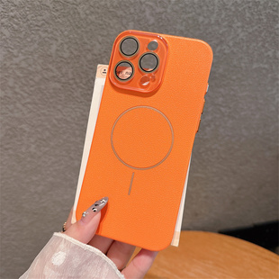 高级感橙色皮纹适用苹果17promax手机壳新款磁吸充电iphone16pro全包镜头膜15plus防摔外壳13保护套14超薄12