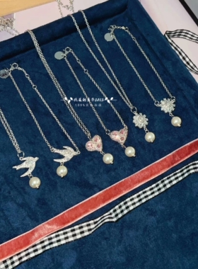 通体925银进口施家钻蝴蝶燕子花朵珍珠女士时尚两用项链choker