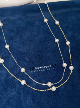 通体925银镀18k金淡水真珍珠约6mm强光近圆满天星项链时尚百搭