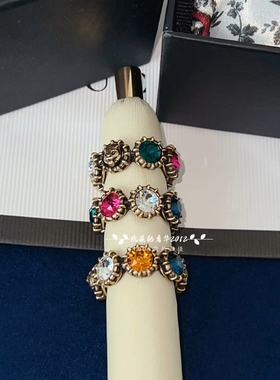 正确版中古做旧彩色进口施家6钻豹子头戒指女气质百搭指环欧美