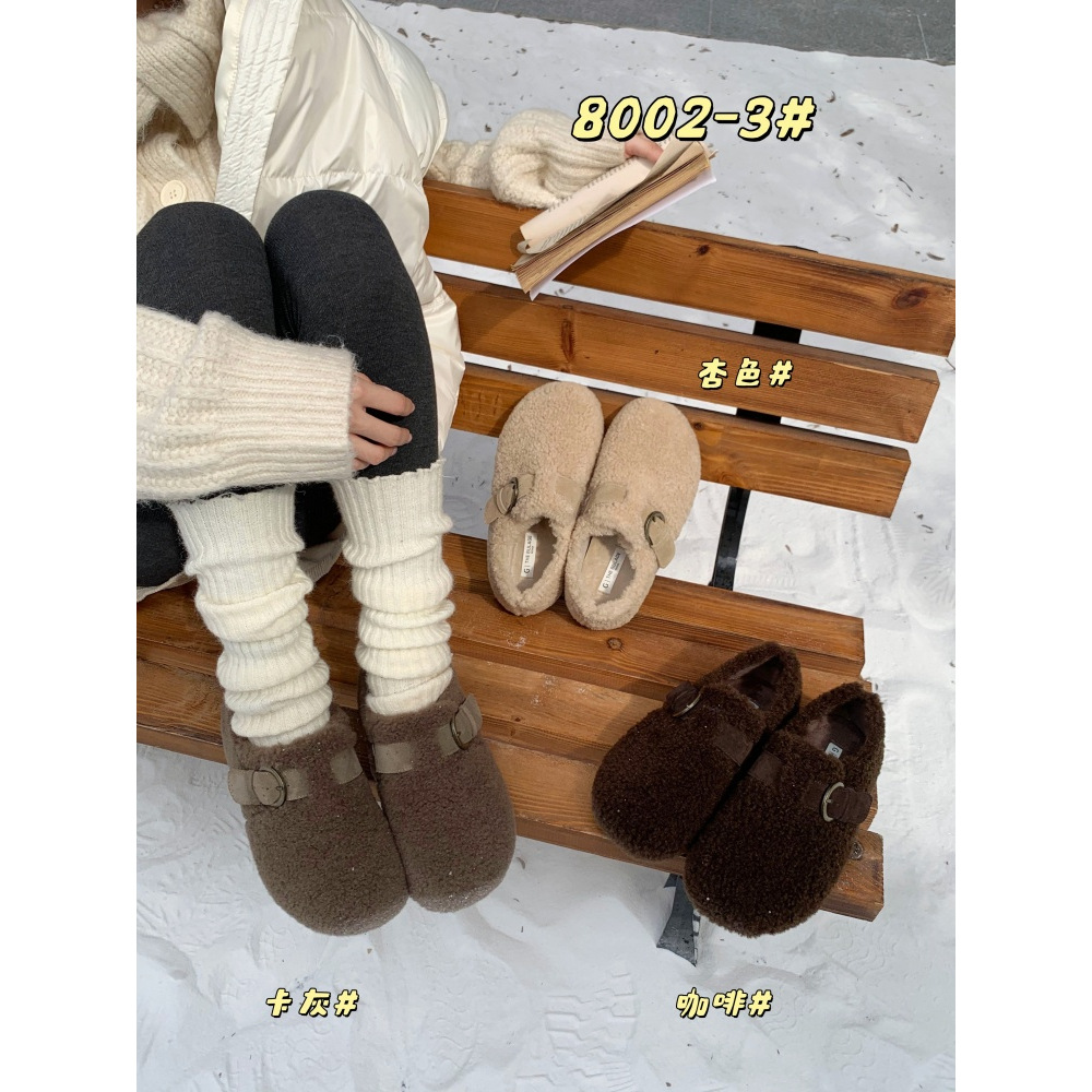 小个子4CM内增高羊糕毛勃肯鞋女全包秋冬厚底加绒毛毛豆豆乐福鞋
