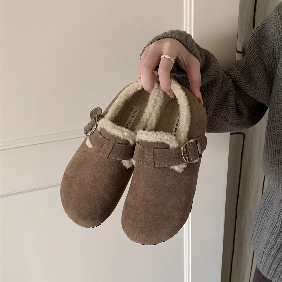 毛毛鞋内增高勃肯鞋女2025秋冬新款保暖加绒棉鞋一脚蹬单鞋豆豆鞋