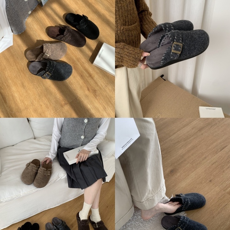 网红呢子厚底勃肯鞋拖鞋懒人毛毛鞋女外穿2025秋冬增高毛茸茸半拖