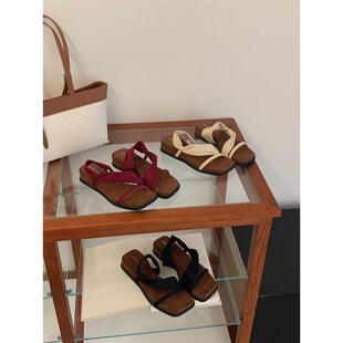 复古风方头坡跟一字带凉鞋 SHOE REN 2026年法式 两穿一字拖 女夏季