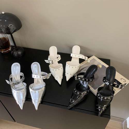 夏季新款包头浅口皮带扣一字拖女外穿尖头细跟高跟半拖鞋穆勒鞋女