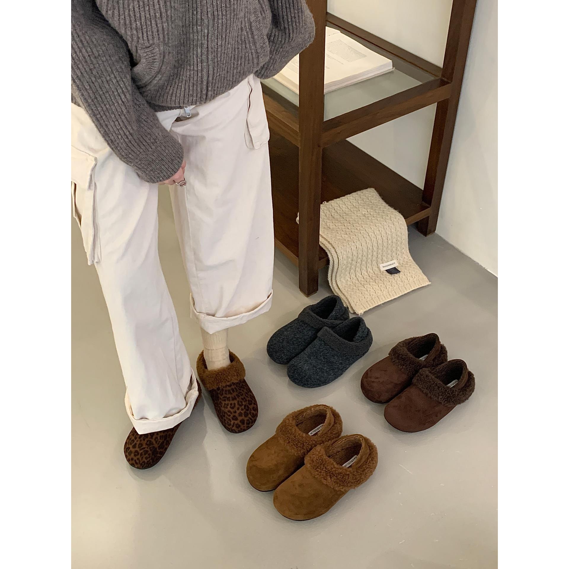 复古小众高级感豹纹毛毛鞋女外穿秋冬2025新款棉鞋保暖加绒勃肯鞋