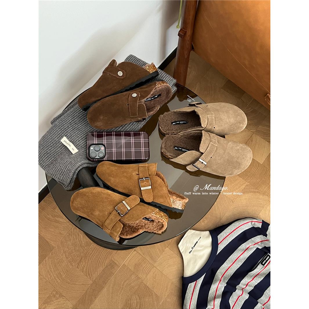 磨砂皮包头半拖鞋女外穿2025秋冬新款毛毛鞋加绒棉拖软木底勃肯鞋