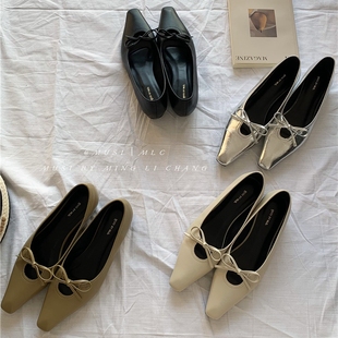 女2025春夏新款 奶奶鞋 内增高单鞋 韩版 蝴蝶结银色女鞋 一脚蹬通勤鞋