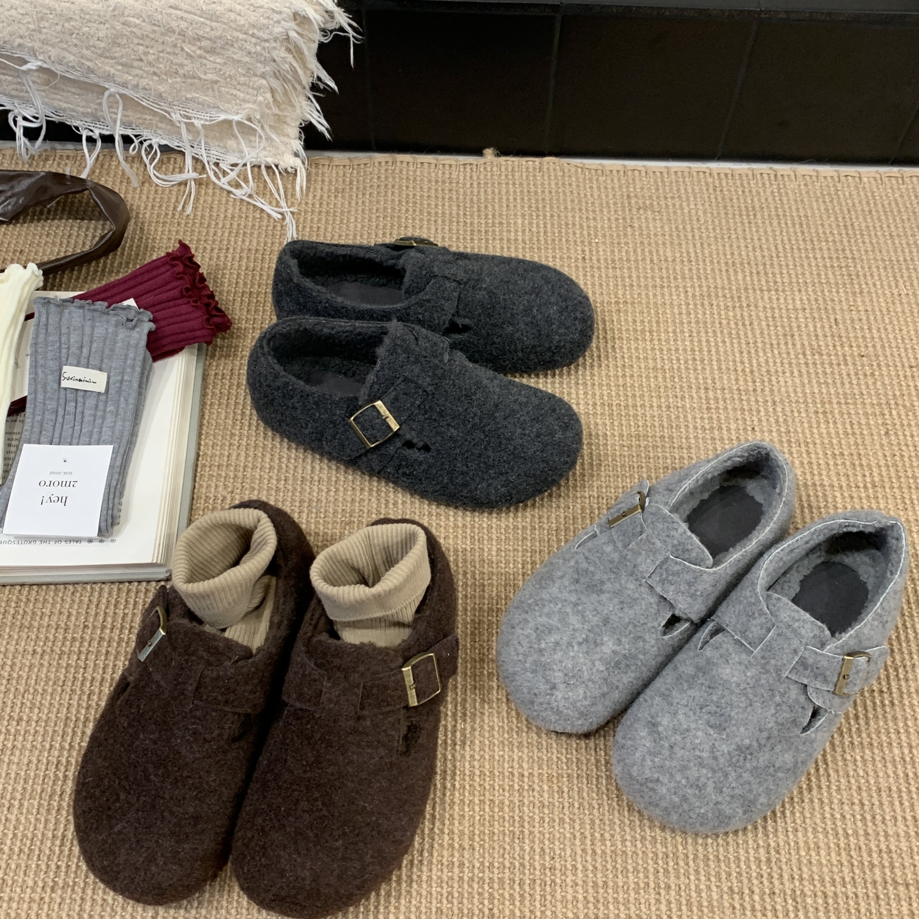 内增高加绒勃肯鞋女2025秋冬毛呢子保暖棉鞋一脚蹬灰色毛毛鞋