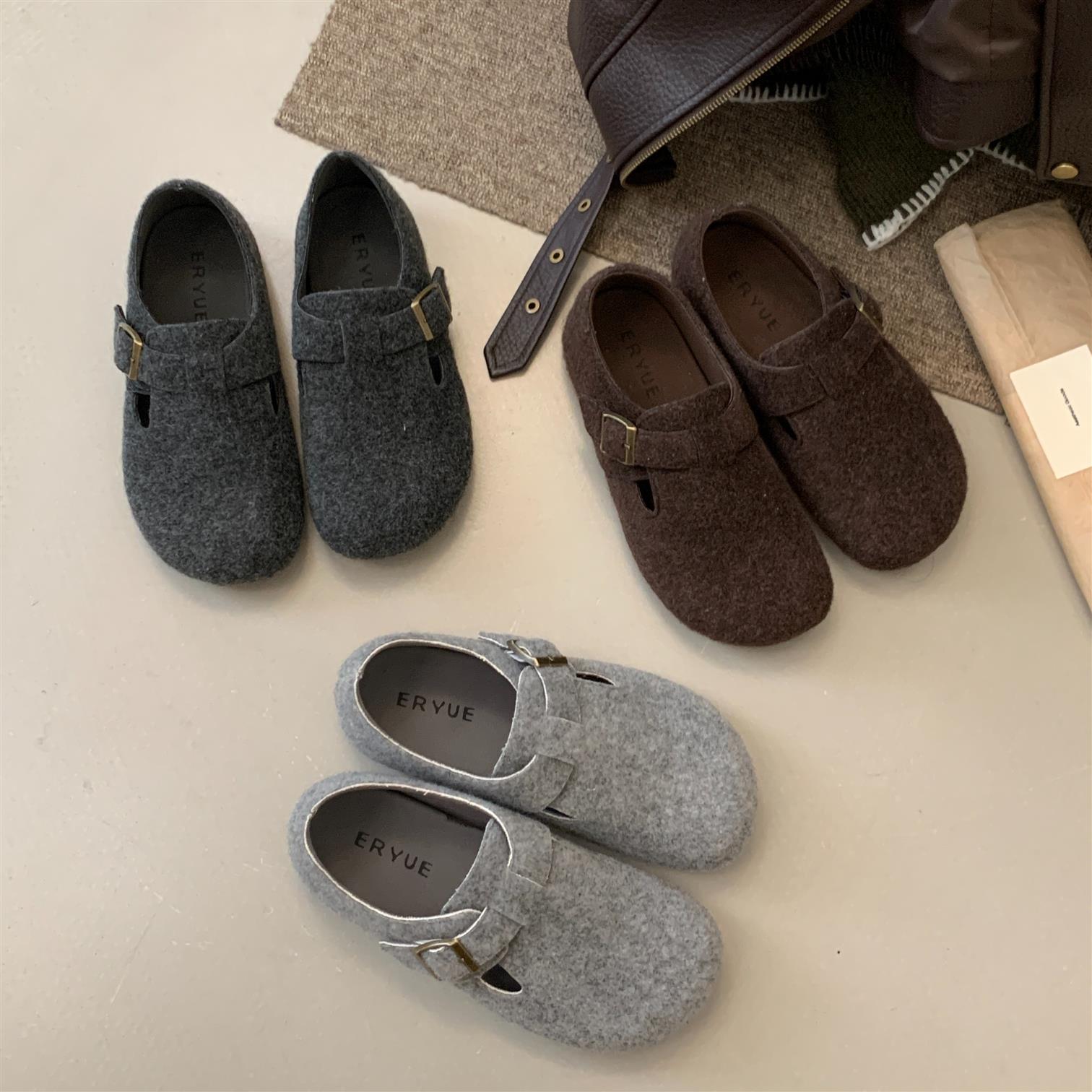 灰色毛呢圆头森系丑萌包头勃肯鞋子女软底舒适百搭懒人一脚蹬半拖