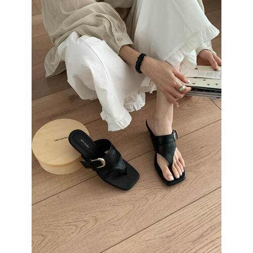 BEILIXUAN 法式方头复古皮带扣坡跟人字拖鞋女外穿夹脚罗马凉鞋夏