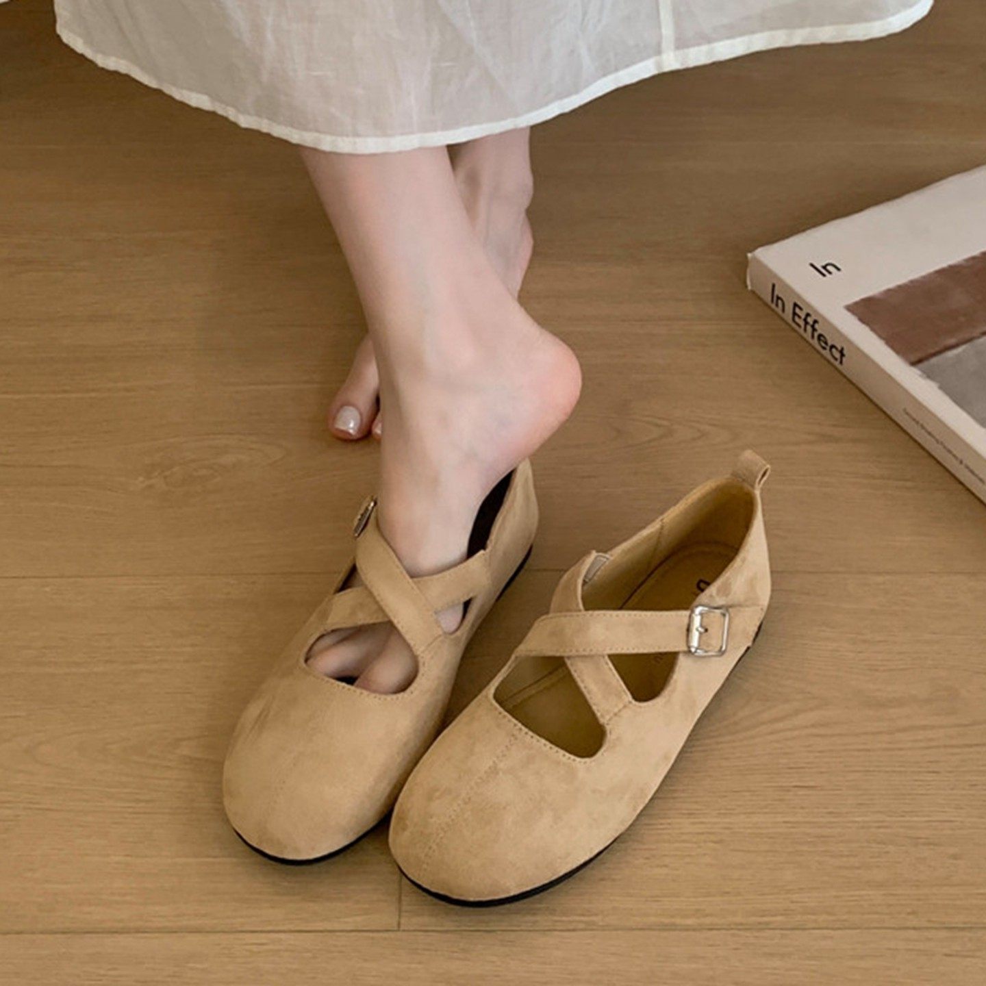复古平底交叉扣带芭蕾舞单鞋2026春季新款韩版通勤鞋绒面玛丽珍鞋,女鞋,浅口单鞋,淘宝优惠券,粉丝福利购,淘宝优惠卷