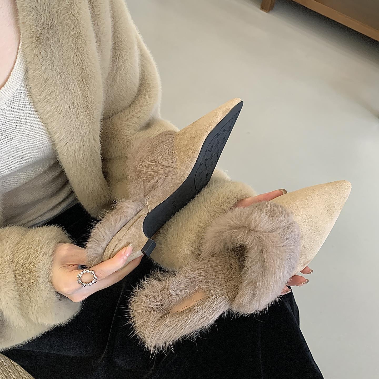 毛毛拖鞋女外穿一脚蹬穆勒皮鞋2025秋冬新款兔毛高级感绝美高跟鞋