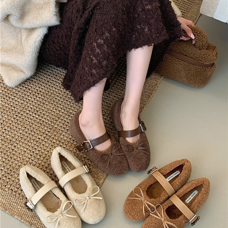 巨好看~毛毛鞋女外穿玛丽珍鞋2025秋冬新款配裙子蝴蝶结加绒单鞋