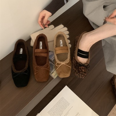 法式复古加绒豹纹单鞋女2025新款配裙子蝴蝶结保暖毛毛鞋玛丽珍鞋