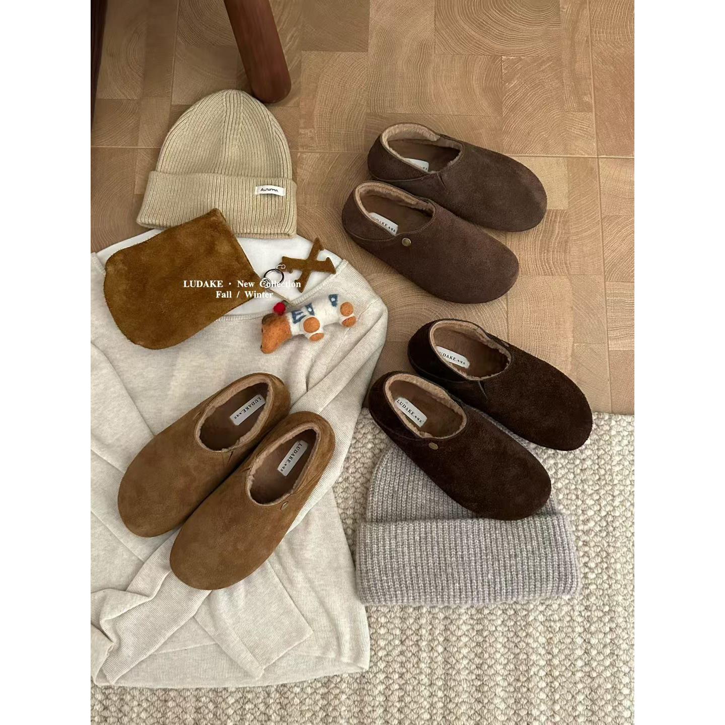 LUDAKE鹿大可 冬日美拉德氛围感韩国ins风极简勃肯鞋加绒懒人单鞋
