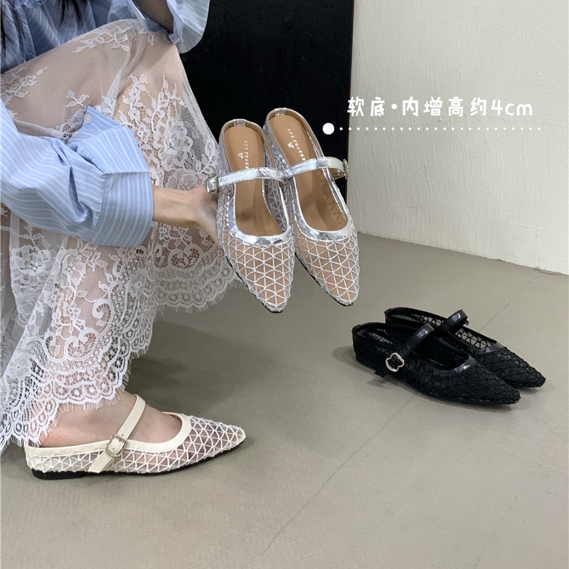 内增高透气网纱镂空包头半拖鞋女夏外穿2025新款一字带尖头渔网鞋