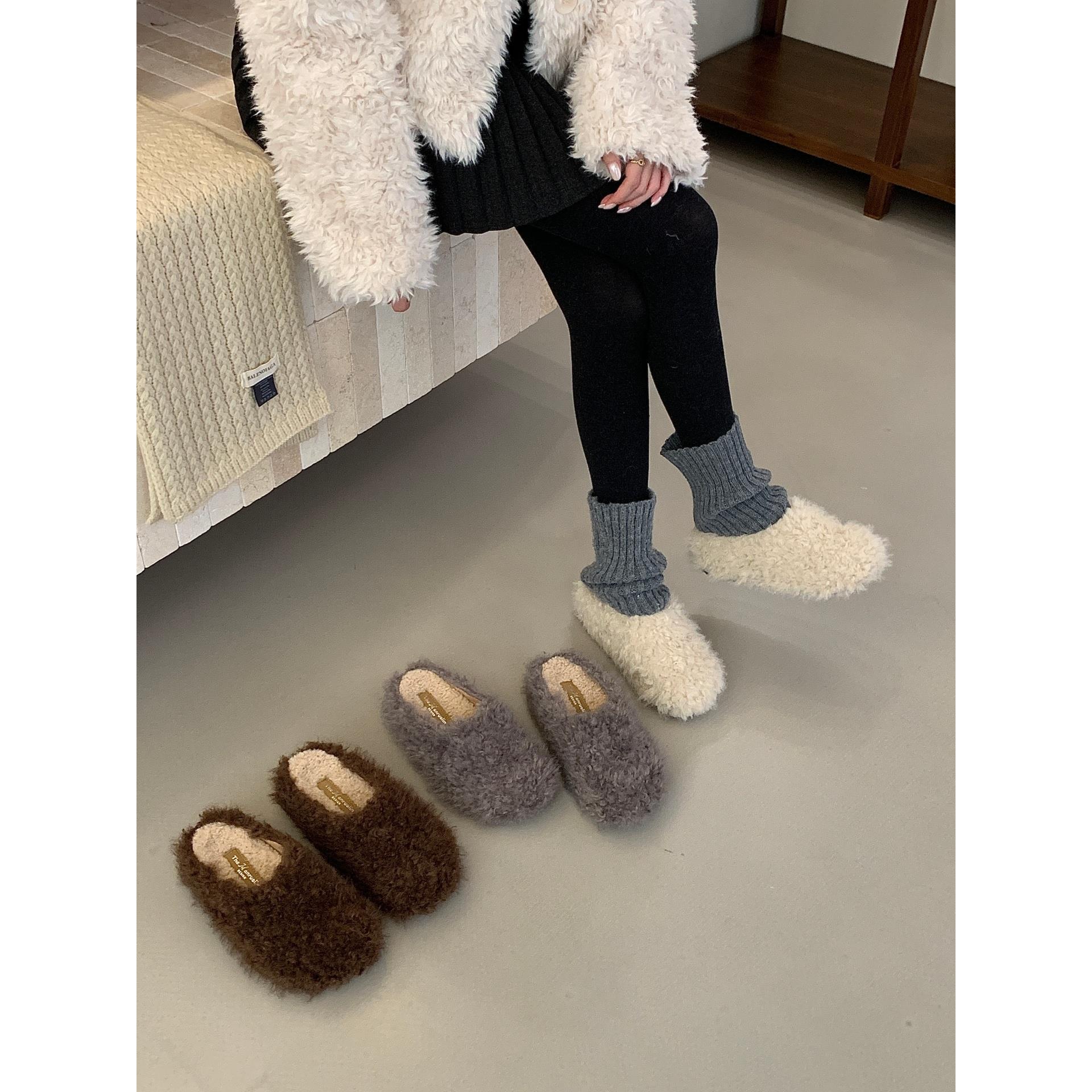 法式厚底毛毛鞋女外穿懒人一脚蹬网红仙女秋冬加绒勃肯鞋保暖棉鞋