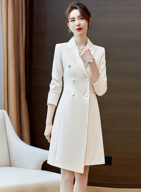 春秋西装连衣裙女白色高级感播音主持正装教师演讲比赛服装职业装