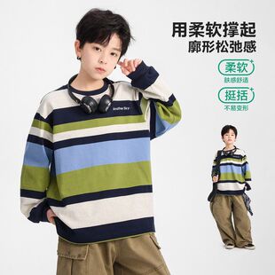 男童春装多巴胺条纹运动卫衣2026新款中学生儿童春季宽松圆领上衣