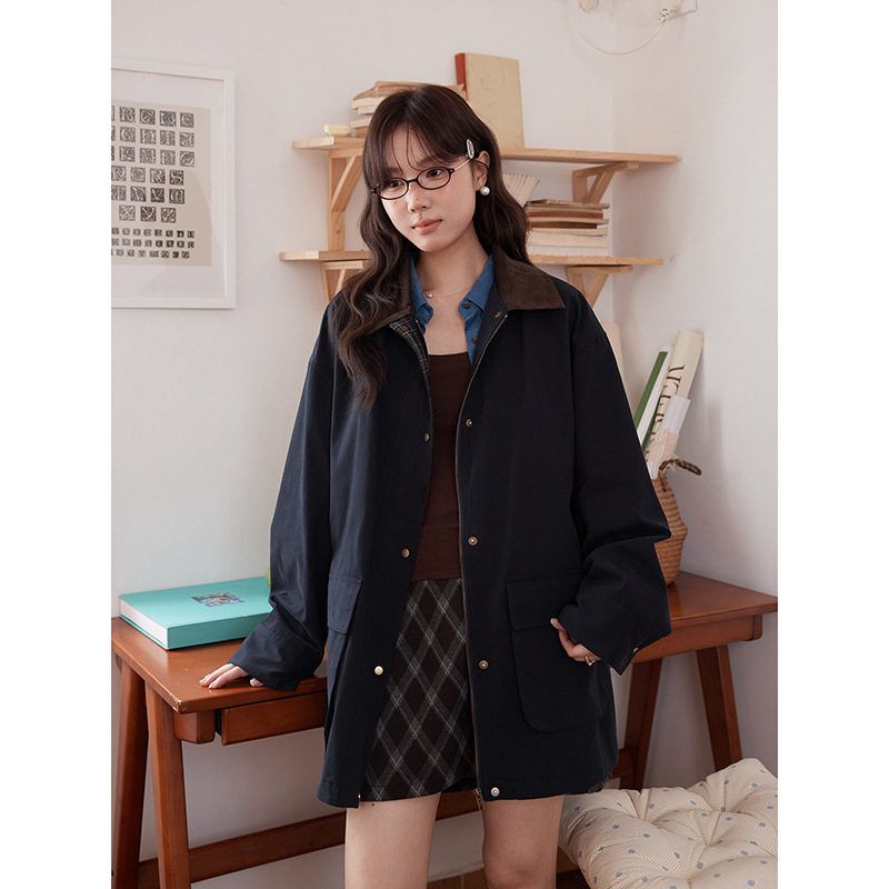 【巴恩少女】撞色灯芯绒领风衣外套女2025秋季新款大衣N623C