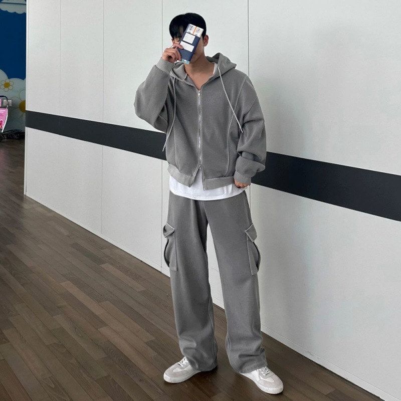 韩版卫衣开衫连帽宽松潮流春季男士休闲裤直筒工装套装时尚