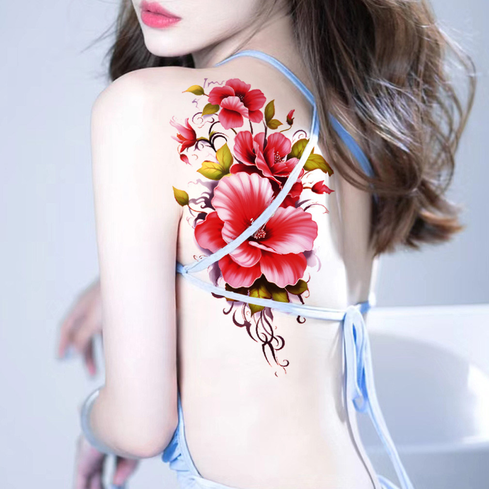 遮疤痕新款纹身贴中国风牡丹花朵性感玫瑰魅魔防水女锁骨肚子大腿
