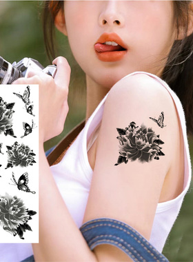 黑暗系纹身贴纸女款防水高级感黑色牡丹花蝴蝶性感持久胸部锁骨