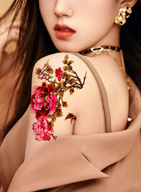 彩色纹身贴防水女紫色牡丹花仿真持久花朵性感胸部背臂遮疤痕锁骨