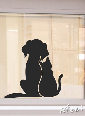 猫狗一家亲剪影贴纸店铺个性创意平面装饰猫咪卡通墙面装饰贴纸